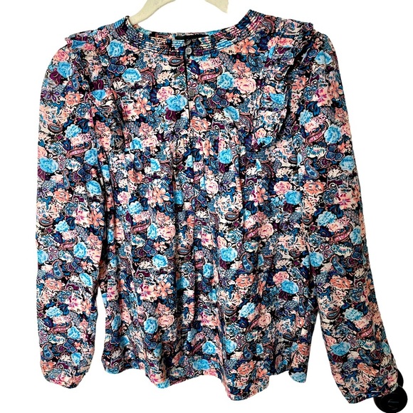 J. Crew Esperanza Blue Peach Floral Paisley Ruffle Trim Top in Size‎ Extra Small - Picture 2 of 7
